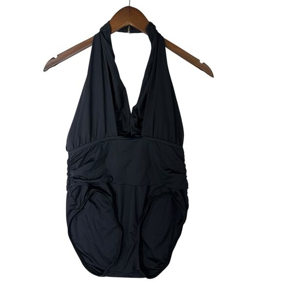 Badgley Mischka Black One-Piece Swimsuit with Ruched Waist Deep Plunge Size 6 - Picture 2 of 5